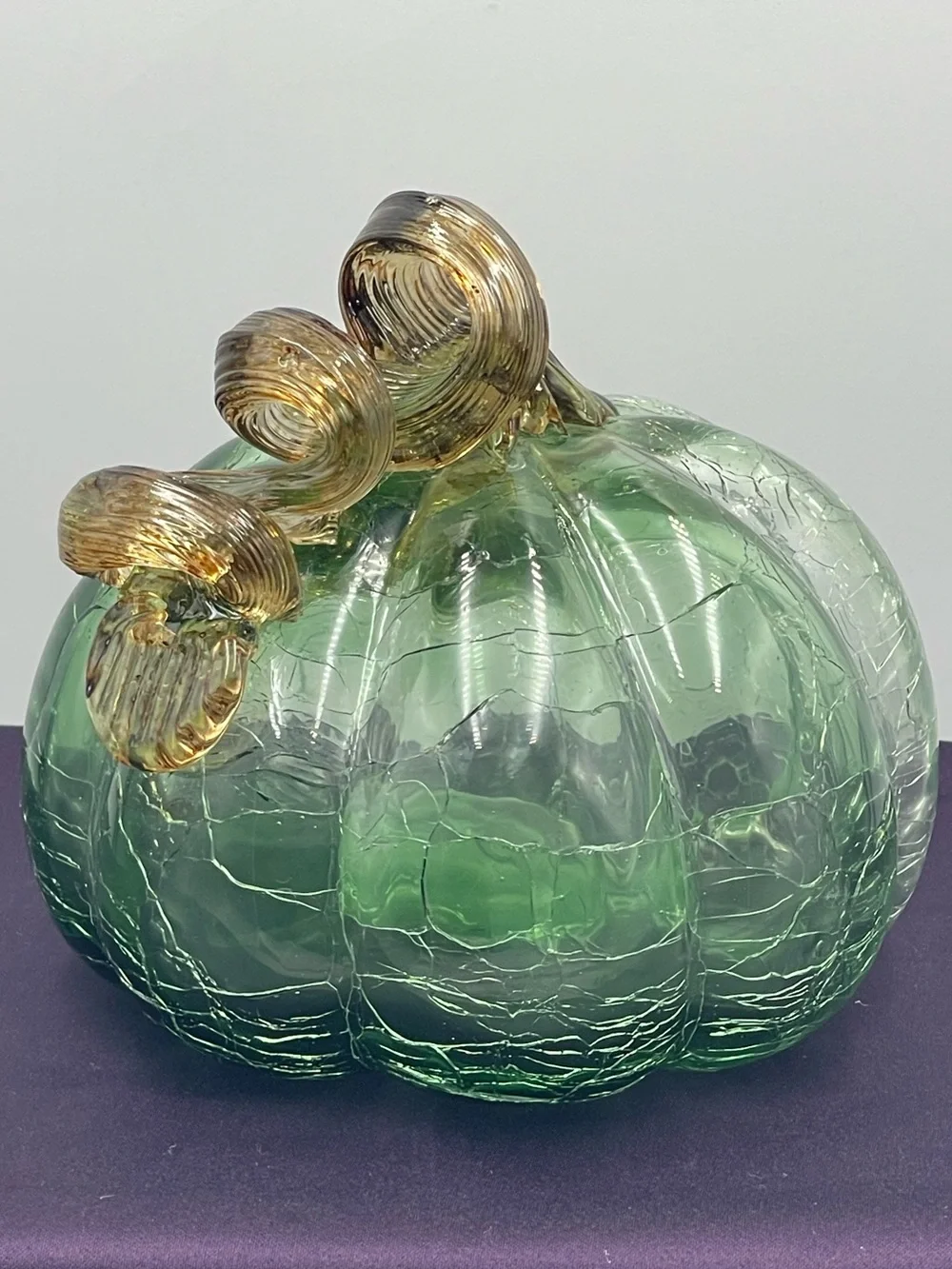 Vintage Hand Blown Green Ombre Crackle Art Glass Pumpkin with Amber Twisted Stem